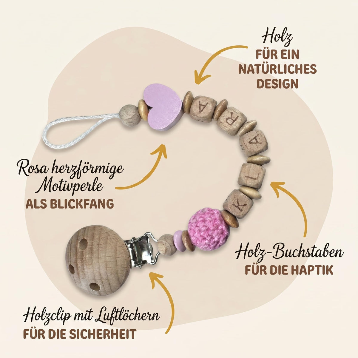 Schnullerband mit Namen für Mädchen & Jungen personalisierte Baby Geschenke (REH Herzchen)