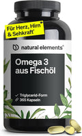 natural elements Omega 3 – 365 Kapseln – 2000mg Fischöl pro Tagesdosis – mit EPA und DHA in Triglycerid-Form – Laborgeprüft und aufwendig aufgereinigt