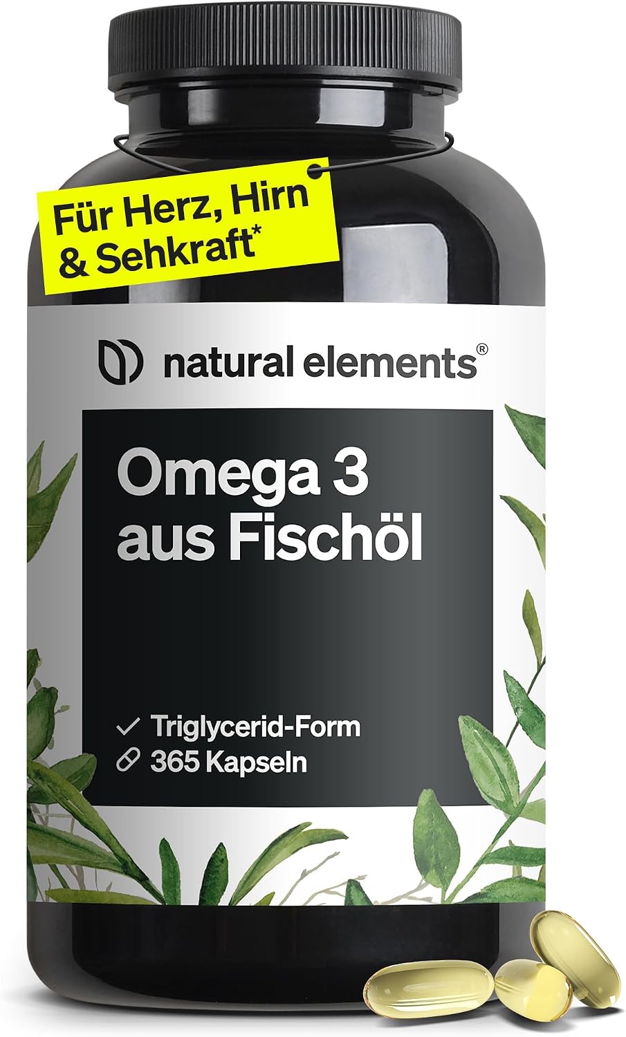 natural elements Omega 3 – 365 Kapseln – 2000mg Fischöl pro Tagesdosis – mit EPA und DHA in Triglycerid-Form – Laborgeprüft und aufwendig aufgereinigt