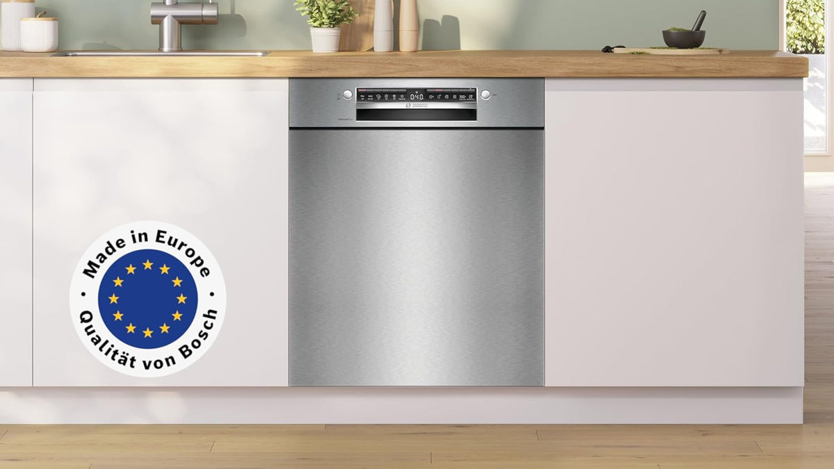 Bosch SMU4EVS08E, Serie 4, Smarter Unterbau-Geschirrspüler 60 cm, Besteckschublade, Spülmaschine mit Programmassistent, besonders Leise, höhenverstellbarer Oberkorb, Automatische Türöffnung, Edelstahl