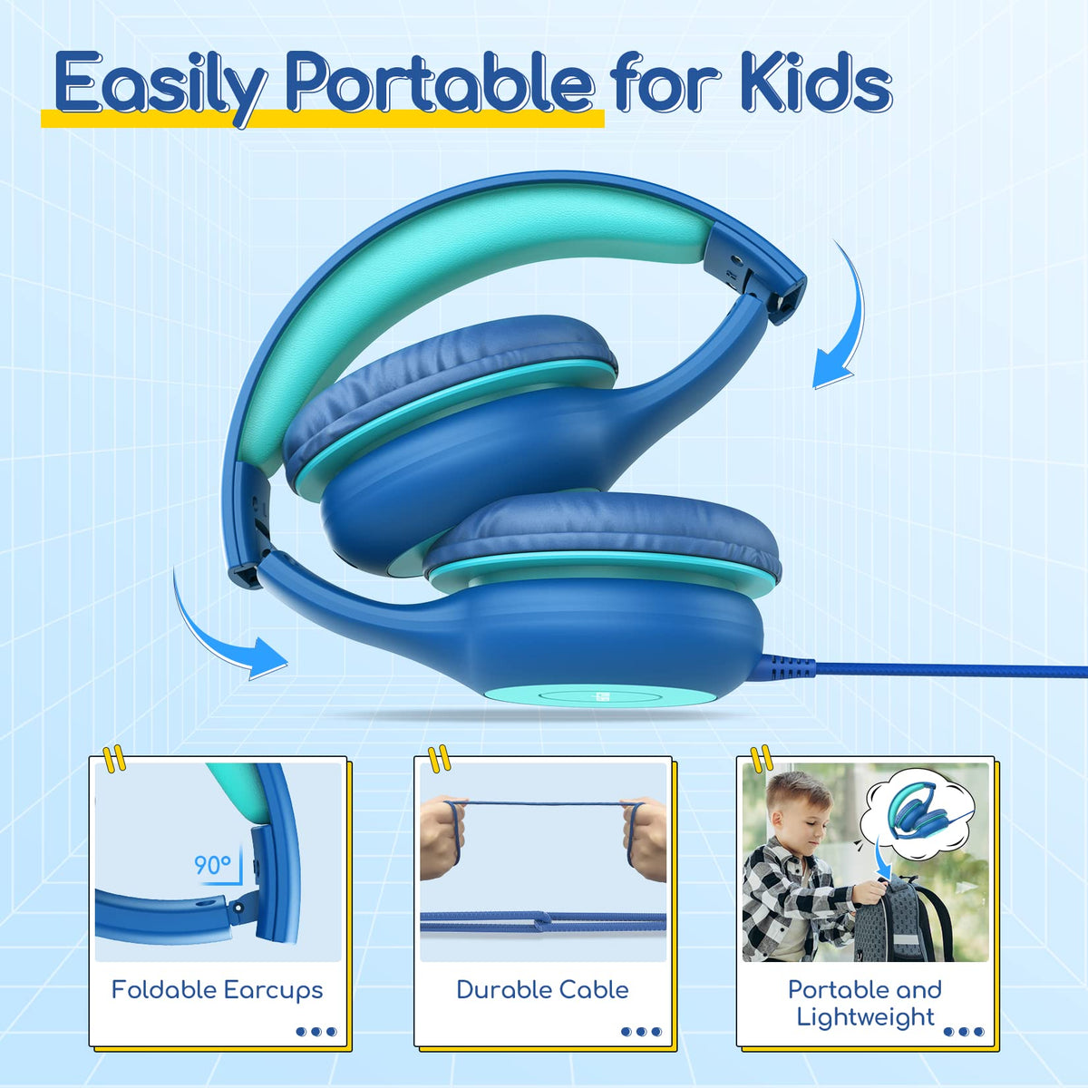 EarFun Kinder Kopfhörer mit 3,5 mm Kabel, Lautstärkebegrenzung, Blau-grün