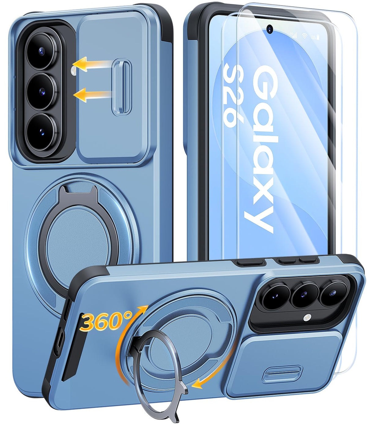 AOUIA für Samsung Galaxy S26 Ultra Hülle mit 2 Stück Panzerglas, Kameraschutz, 360° drehbarer Ringständer, Militärstandard Stoßschutz, robuste Handyhülle für Samsung S26 Ultra, Schwarz