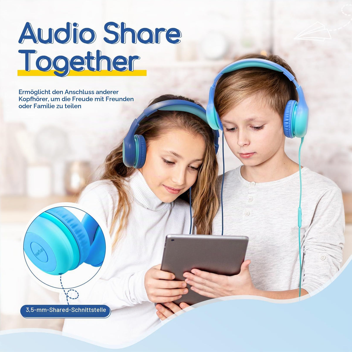 EarFun Kinder Kopfhörer mit 3,5 mm Kabel, Lautstärkebegrenzung, Blau-grün
