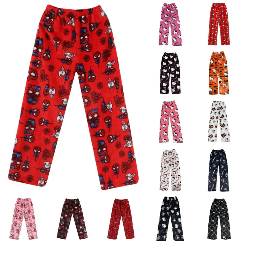 Chnnamzu Damen-Pyjamahose aus Flanell, warmes und weiches Fleece-Pyjamaunterteil, süßes Cartoon-Katzen-Motiv, Kawaii-Mode, lässige Nachtwäsche, Loungewear-Hose