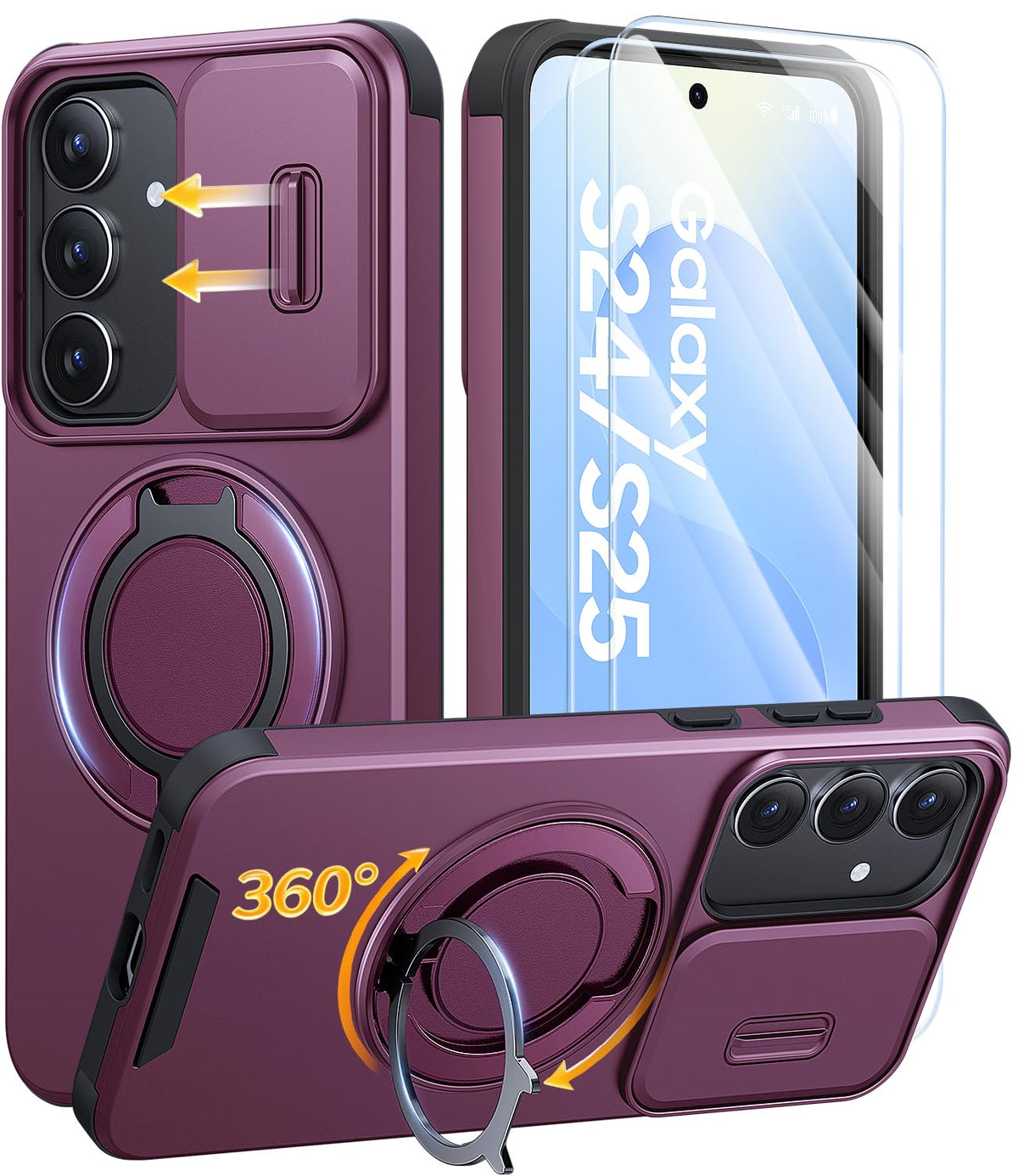 AOUIA für Samsung Galaxy S26 Ultra Hülle mit 2 Stück Panzerglas, Kameraschutz, 360° drehbarer Ringständer, Militärstandard Stoßschutz, robuste Handyhülle für Samsung S26 Ultra, Schwarz
