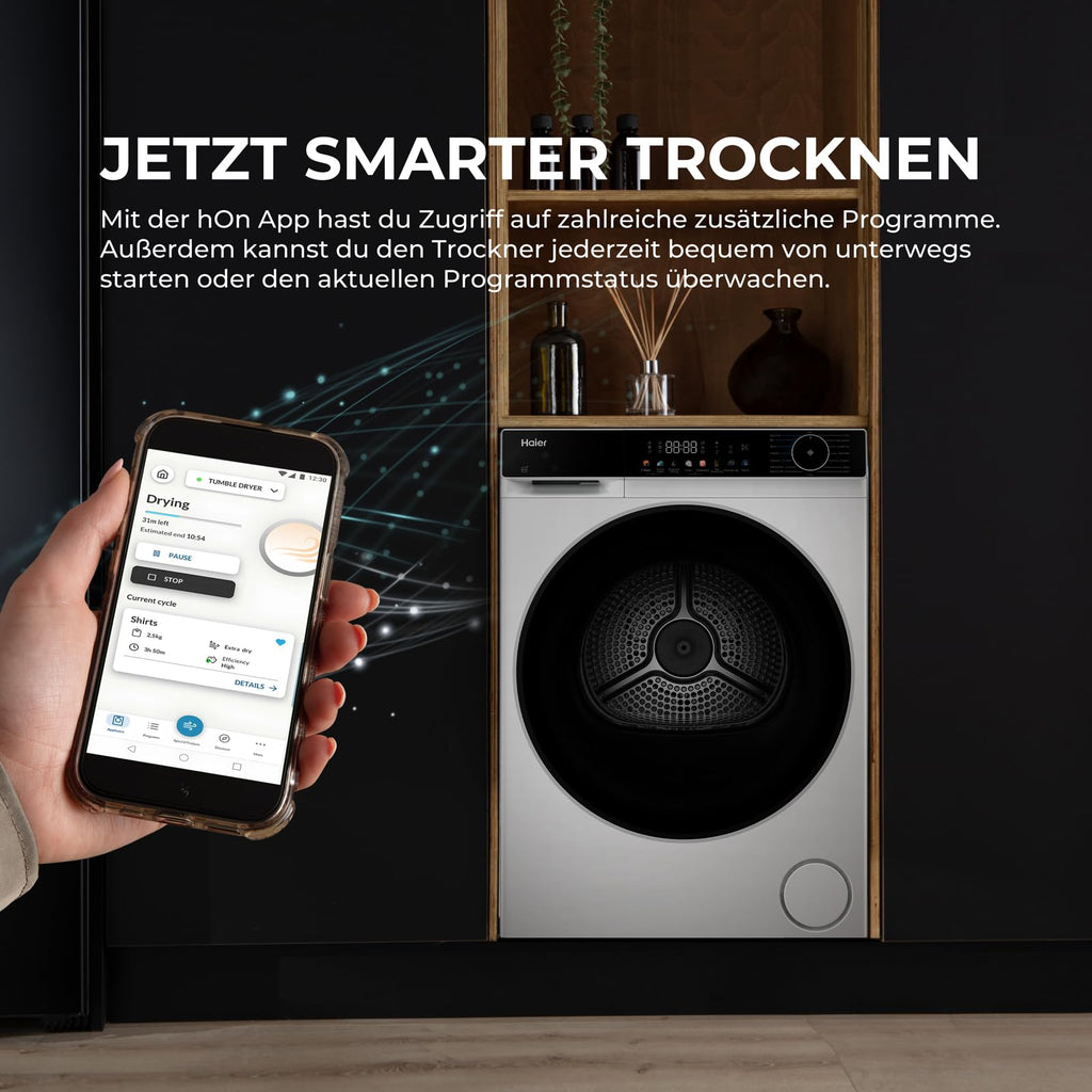Haier Wärmepumpentrockner 9kg I G7 Serie I Klasse B I AI Power Inverter Motor, iOn Air Fresh, Pillow-Schontrommel, Automatik- & Hygiene-Programm, hOn AppI HD90-B667U1