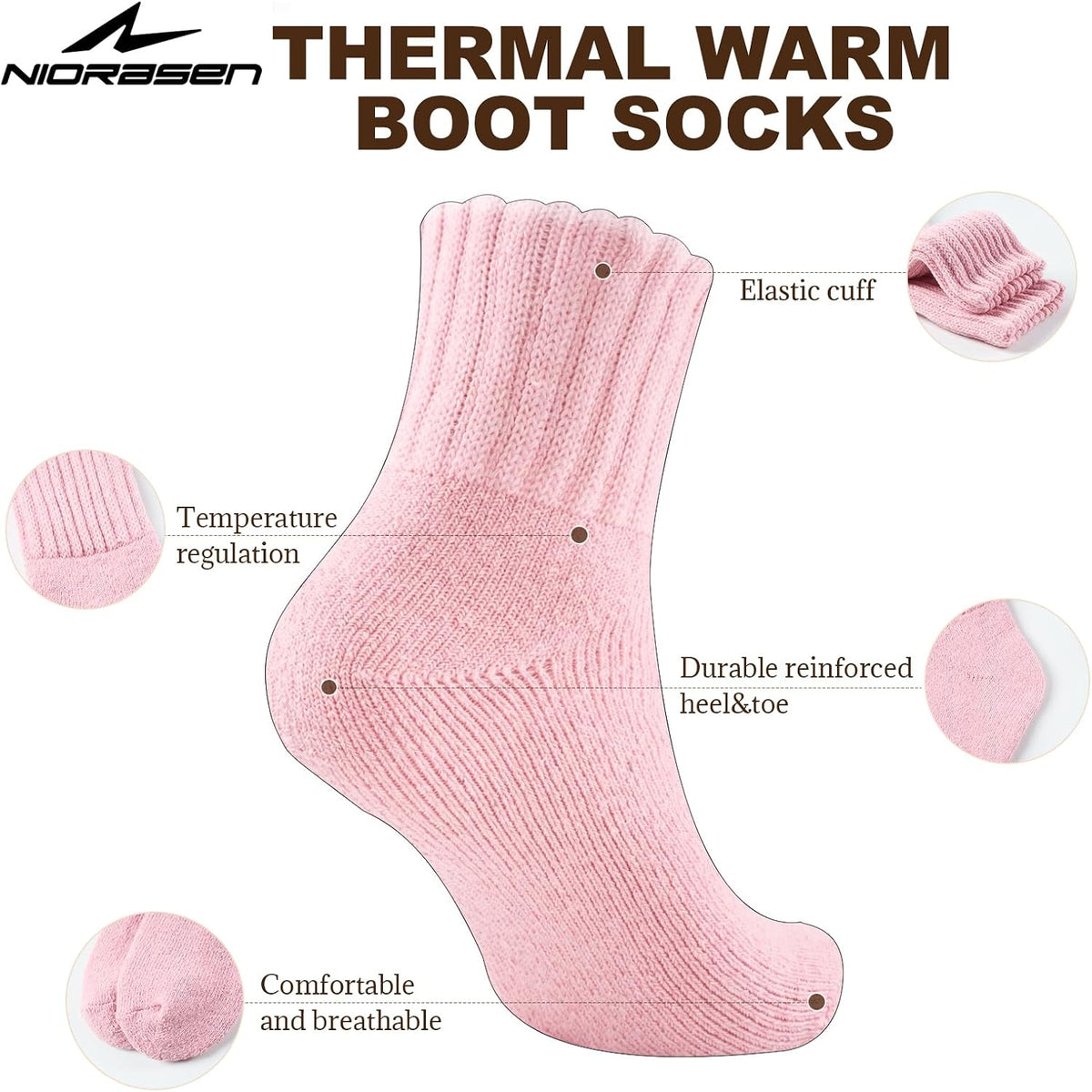 Niorasen Women's Thermal Socks, 3 Pairs Full Cushioned, Cosy Gift Winter