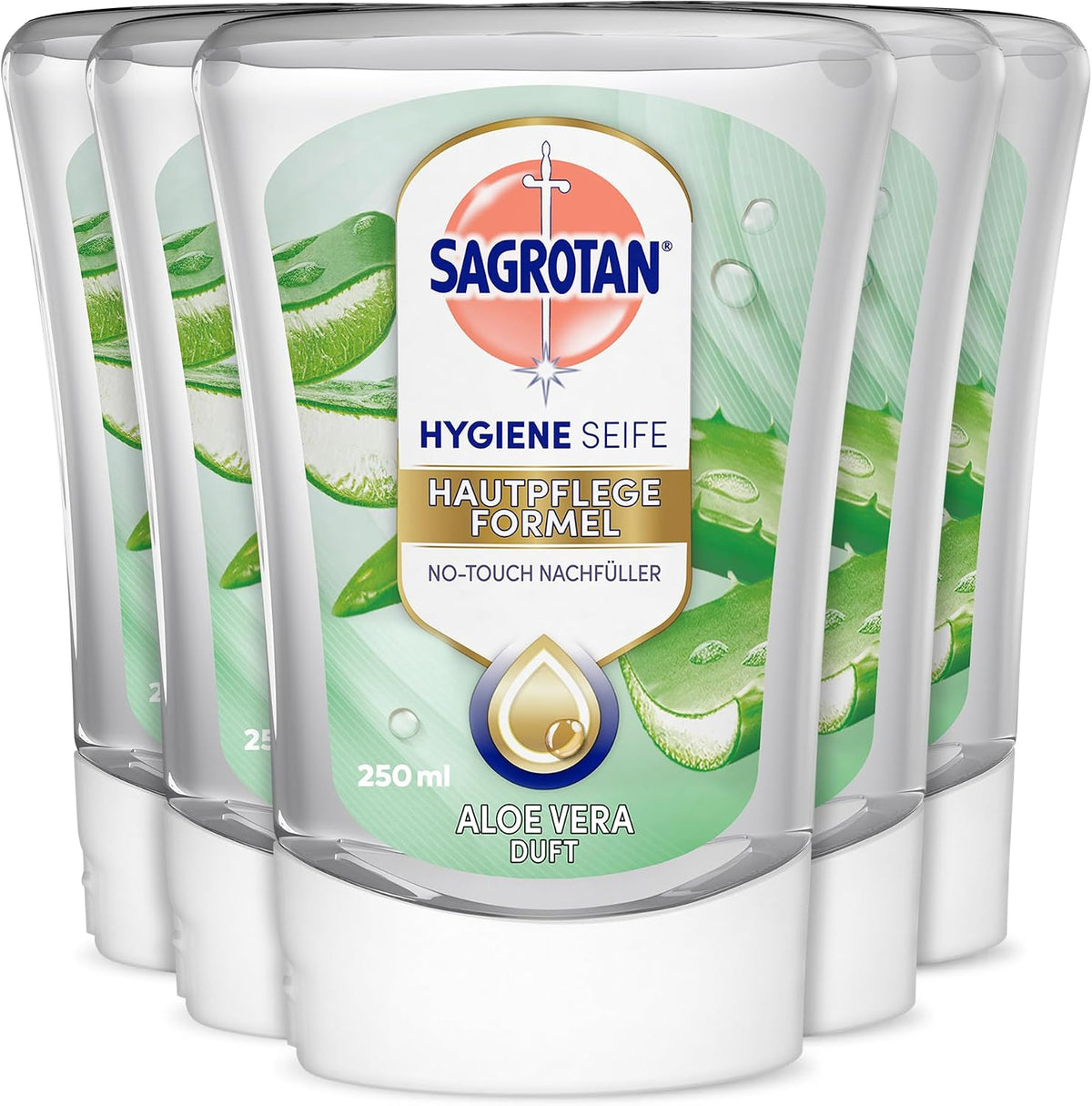 Sagrotan No‑Touch Nachfüller Aloe Vera – Handseife für den automatischen Seifenspender – Sanfte Reinigung für die Hände – Flüssigseife – 5 X 250 ml