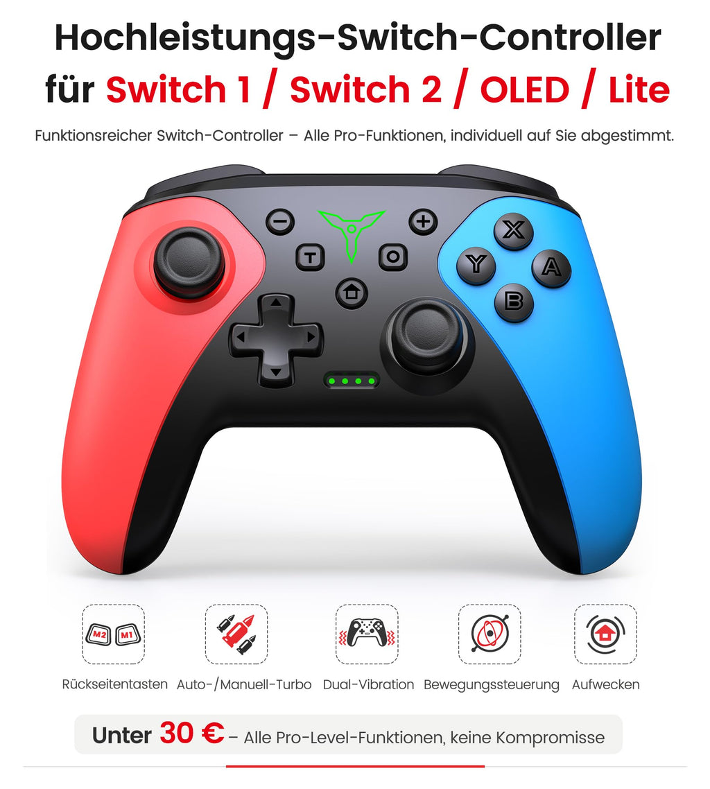 HELLCOOL Switch Controller, Kabellos Switch Pro Controller für Switch/Lite/OLED Konsole, Macro/Turbo/Aufwachfunktion, Präzise Steuerung, Dual Motors Vibration, 15 Std Spieldauer