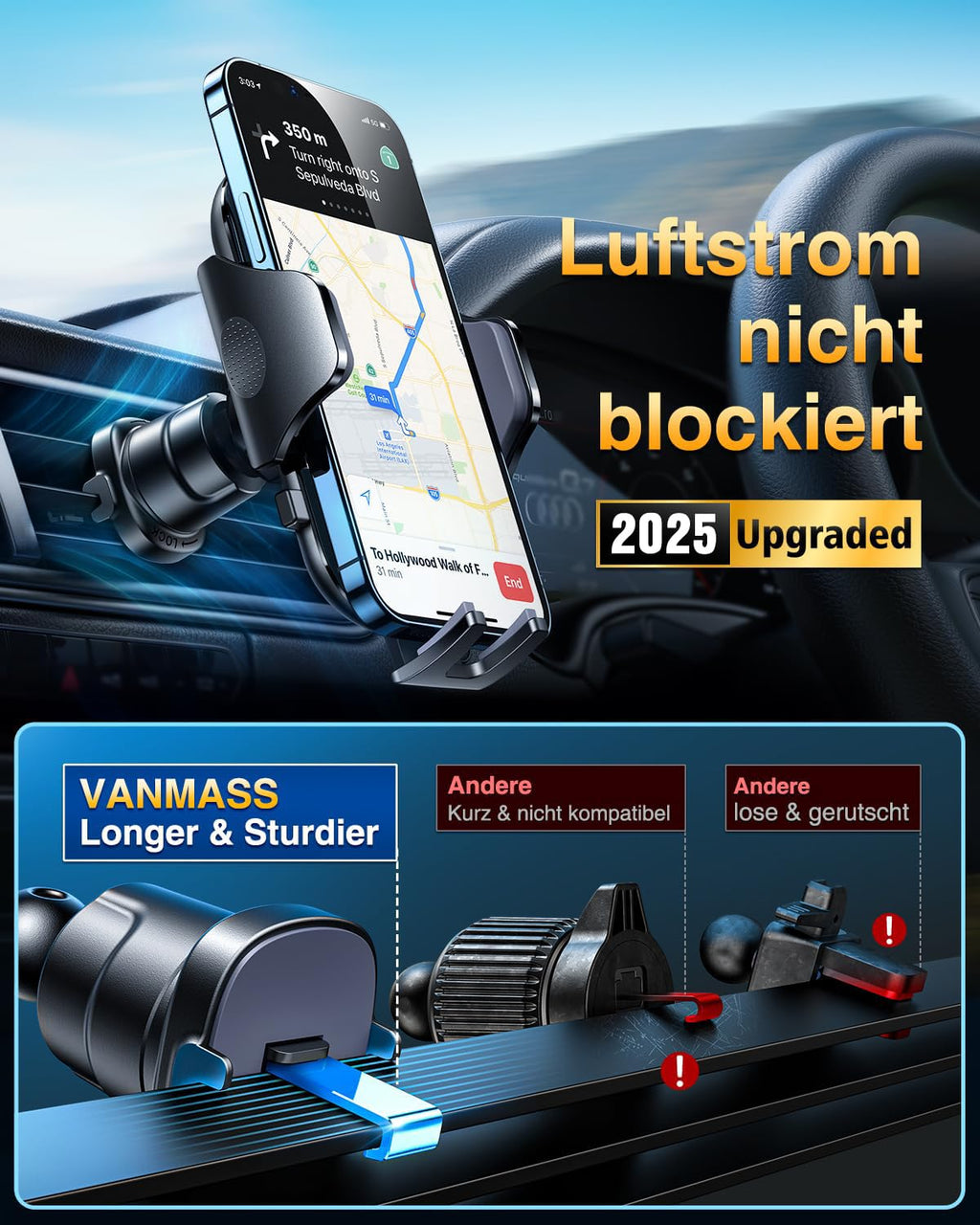 VANMASS 2026【Militär-Klasse】Handyhalterung Auto Upgrade【Stärkste Saugnapf & Lüftungshaken】4 in 1 Handy Halterung Auto 360° Drehbar Handyhalter Auto Armaturenbrett Scheibe Wand für iPhone Samsung usw