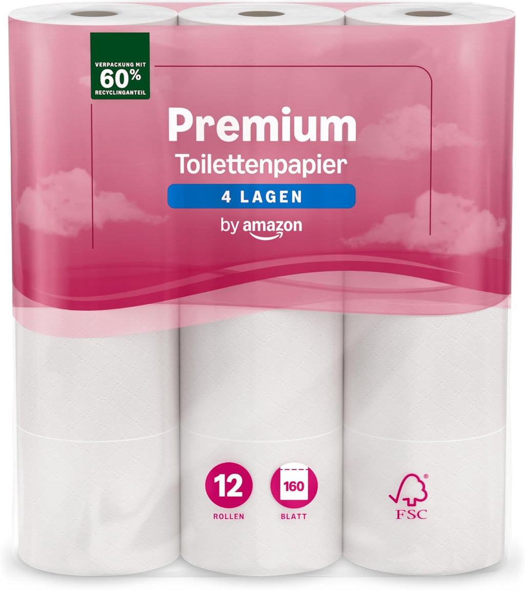 by Amazon Premium Toilettenpapier, 4-lagig, 48 Rollen (4 Packungen à 12 Stück), 160 Blatt pro Rolle, FSC-zertifiziert