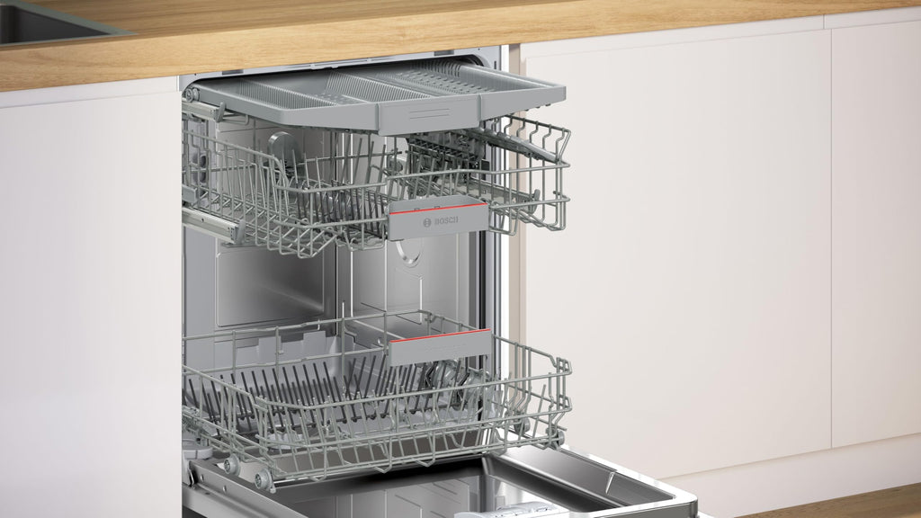 Bosch SMU4EVS08E, Serie 4, Smarter Unterbau-Geschirrspüler 60 cm, Besteckschublade, Spülmaschine mit Programmassistent, besonders Leise, höhenverstellbarer Oberkorb, Automatische Türöffnung, Edelstahl