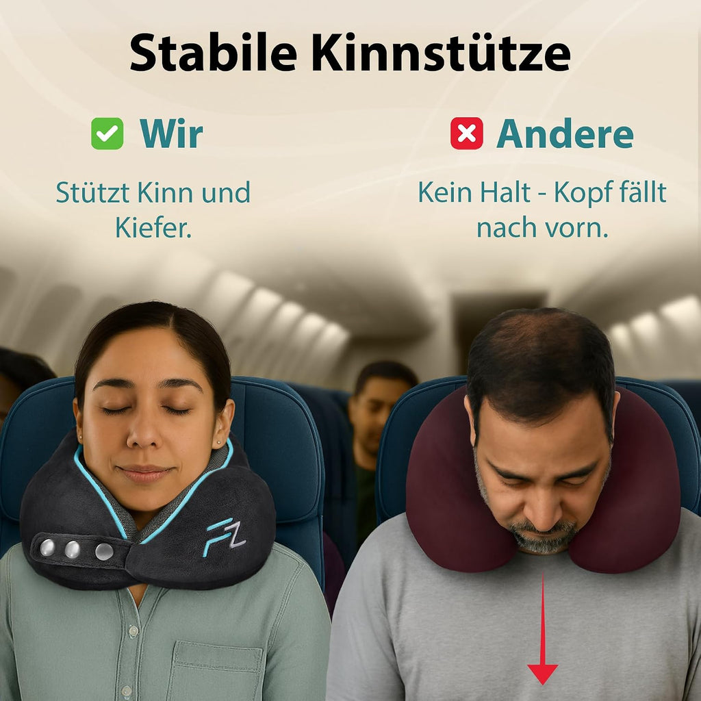 FLOWZOOM Comfy Nackenkissen Flugzeug & Auto mit Kapuze - Einstellbares Memory Foam Reisekissen mit Druckknöpfen für 360° Stütze, weicher Bezug - inkl. Transportbeutel - Grau