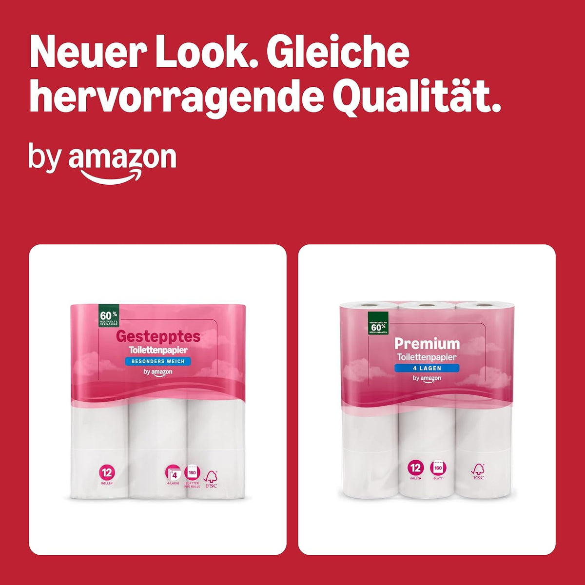 by Amazon Premium Toilettenpapier, 4-lagig, 48 Rollen (4 Packungen à 12 Stück), 160 Blatt pro Rolle, FSC-zertifiziert