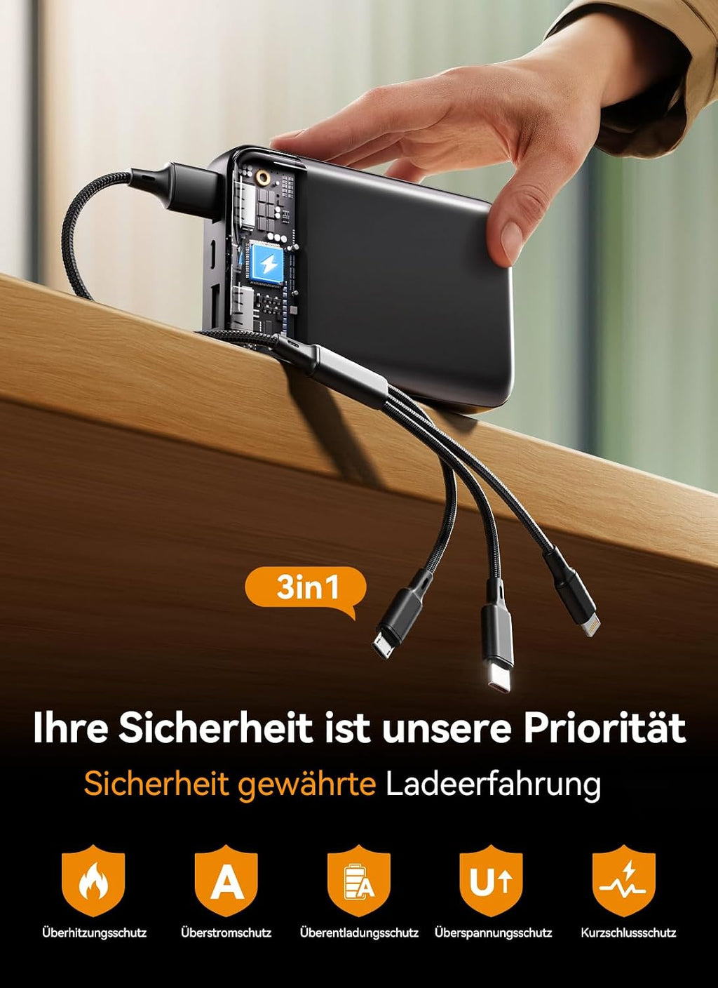 Power Bank 27000mAh, Ultra Kompakte Powerbank Schnellladen mit 3-in-1 Kabel