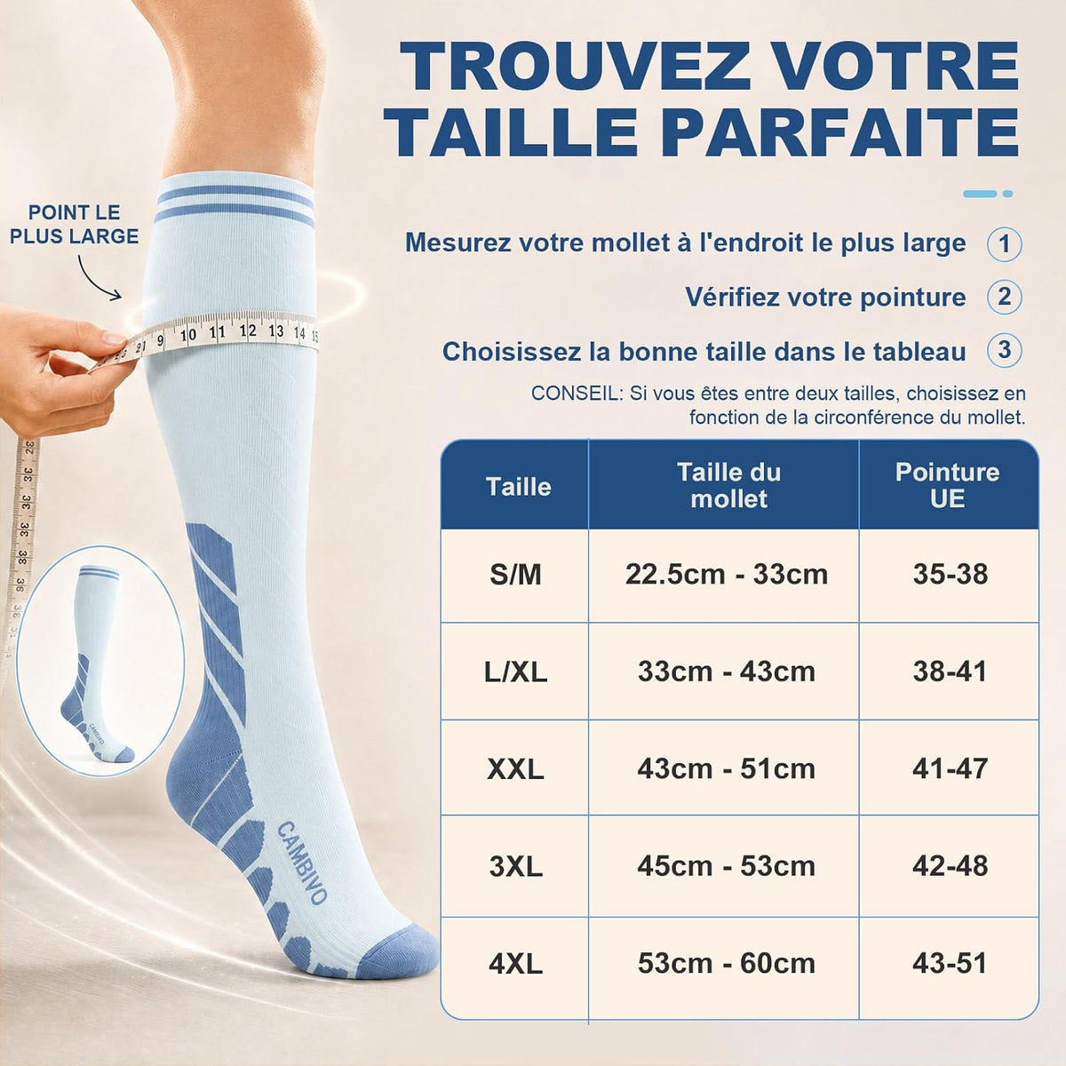 CAMBIVO Bas de Contention Femme Homme 3Paires, Chaussettes de Compression 20-30mmHg, Chaussette Contention Classe 2, pour Circulation Sanguine, Course a Pied, Voyage Avion, Sport, Running, Infirmiere