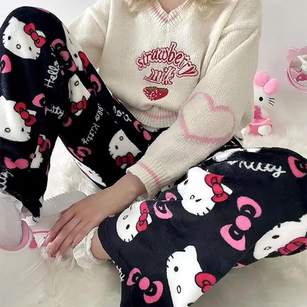Chnnamzu Damen-Pyjamahose aus Flanell, warmes und weiches Fleece-Pyjamaunterteil, süßes Cartoon-Katzen-Motiv, Kawaii-Mode, lässige Nachtwäsche, Loungewear-Hose