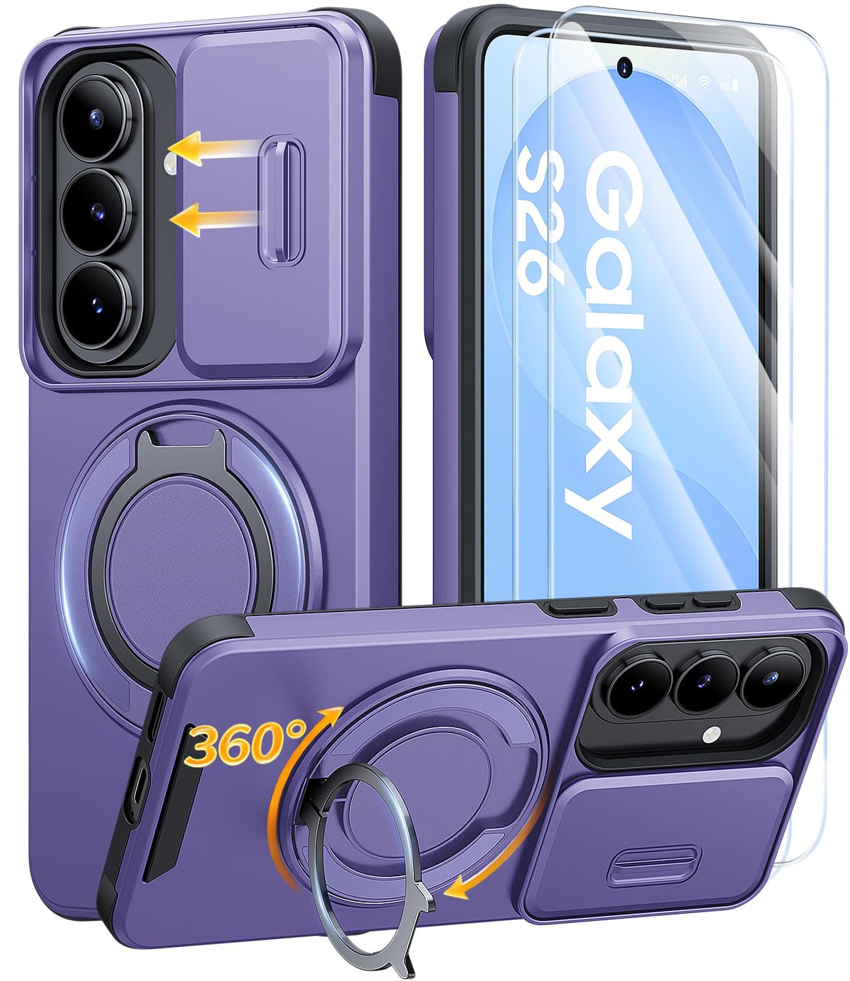 AOUIA für Samsung Galaxy S26 Ultra Hülle mit 2 Stück Panzerglas, Kameraschutz, 360° drehbarer Ringständer, Militärstandard Stoßschutz, robuste Handyhülle für Samsung S26 Ultra, Schwarz