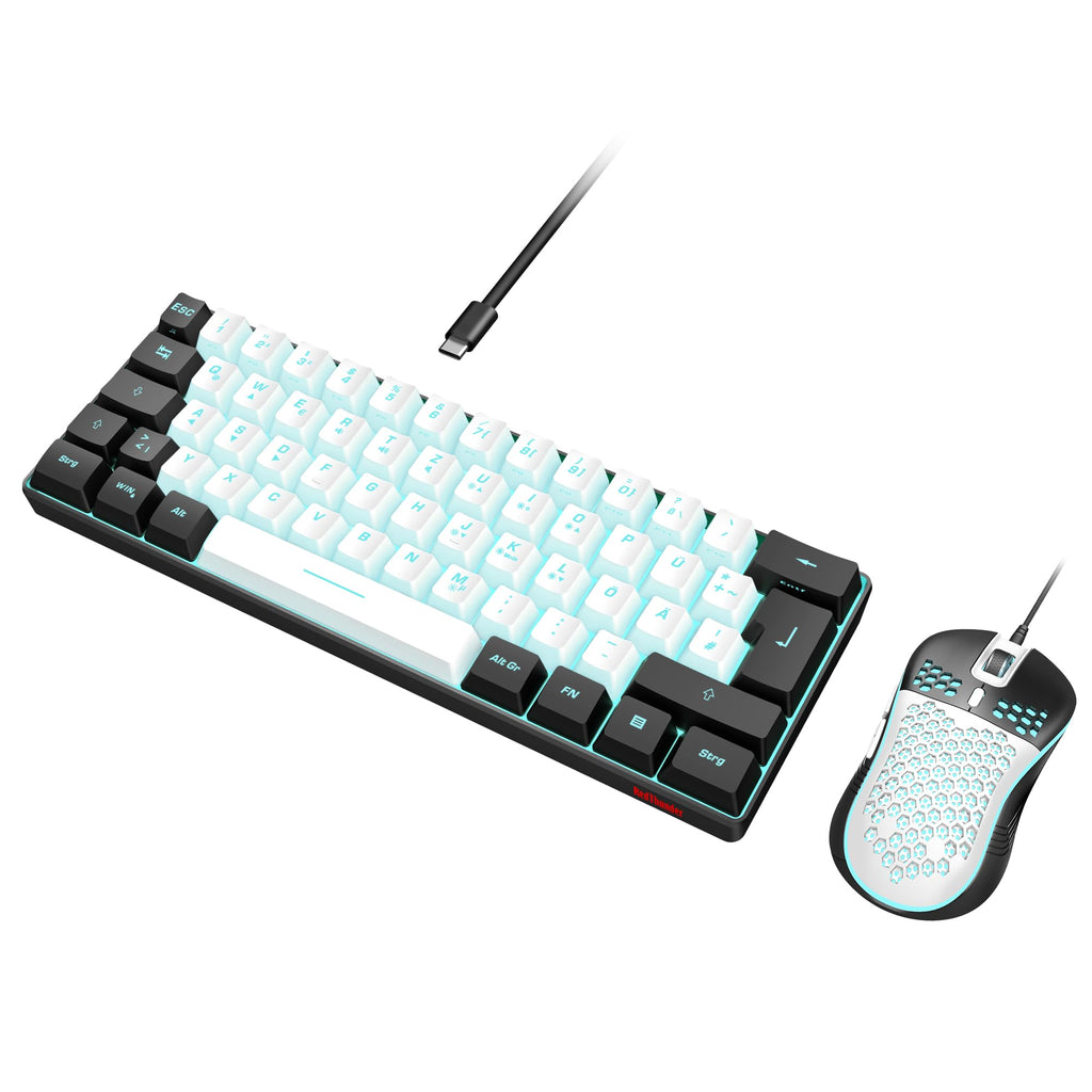RedThunder 60% Kabelloses RGB Gaming Tastatur und Maus Set, QWERTZ DE Layout, Wiederaufladbare Funktastatur mit Ultraleichte Gaming Maus mit Wabenkonstruktion, für PC MAC PS5 Xbox Gamer, Büro.
