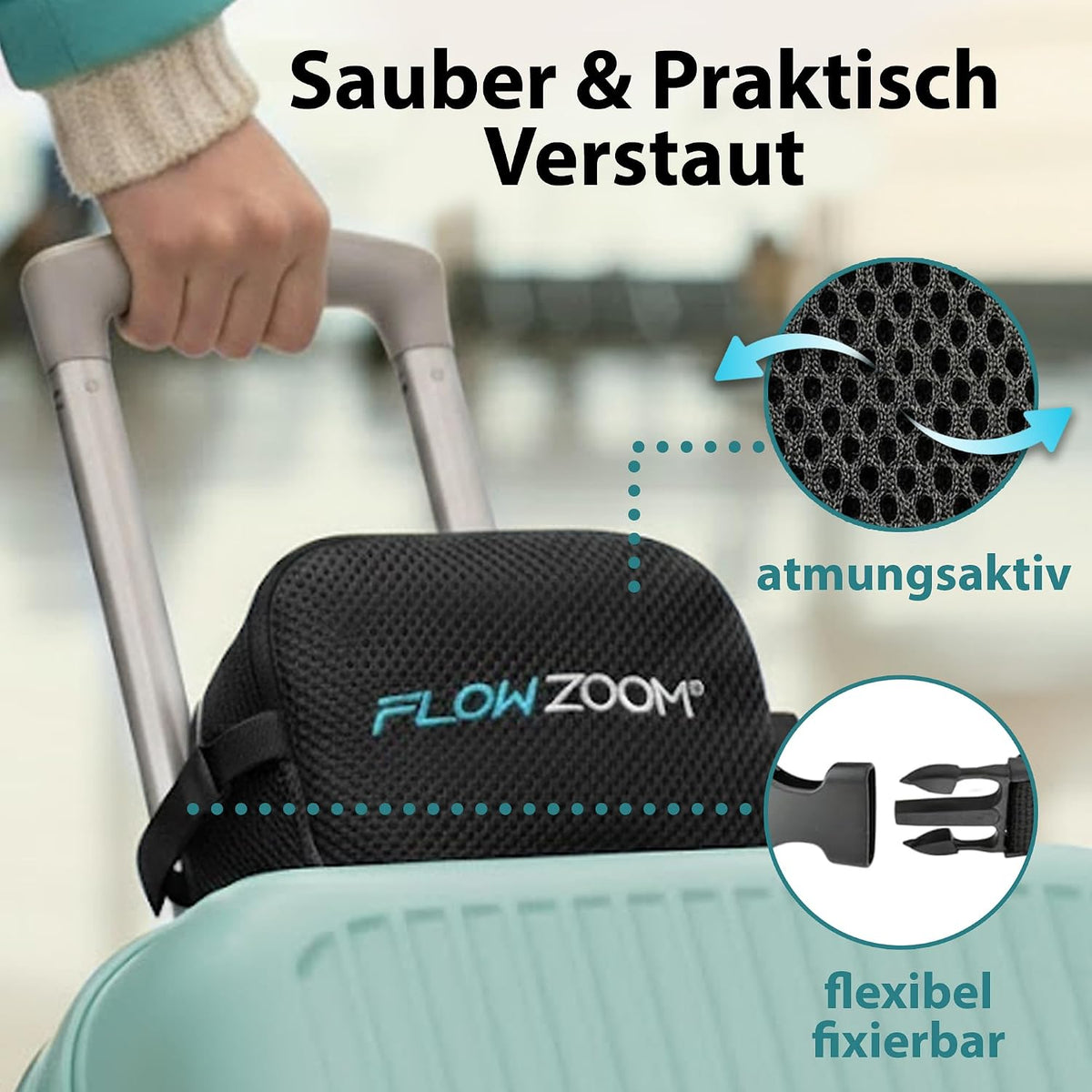 FLOWZOOM Comfy Nackenkissen Flugzeug & Auto mit Kapuze - Einstellbares Memory Foam Reisekissen mit Druckknöpfen für 360° Stütze, weicher Bezug - inkl. Transportbeutel - Grau
