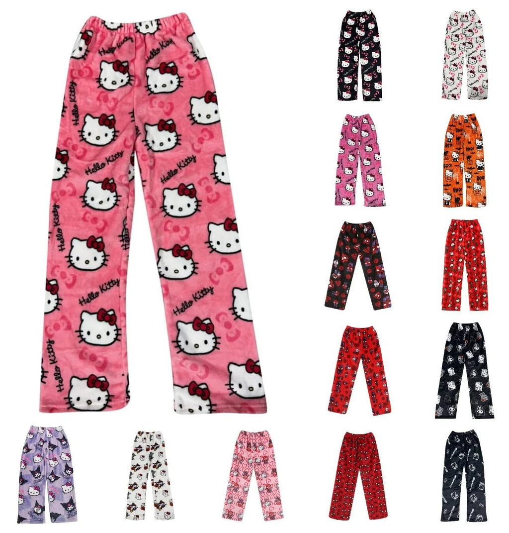 Chnnamzu Damen-Pyjamahose aus Flanell, warmes und weiches Fleece-Pyjamaunterteil, süßes Cartoon-Katzen-Motiv, Kawaii-Mode, lässige Nachtwäsche, Loungewear-Hose