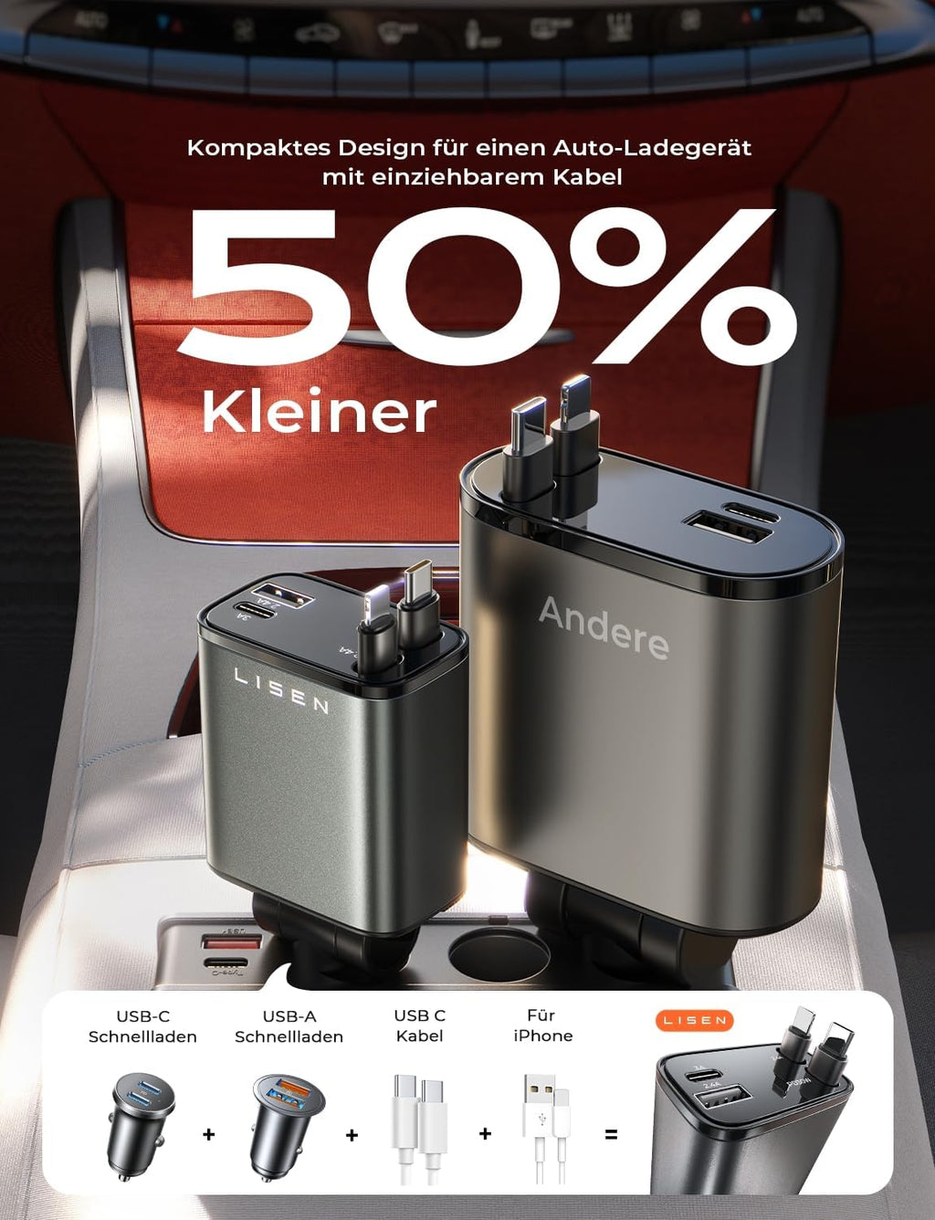 LISEN 84W Zigarettenanzünder USB C Einziehbares Auto Ladegerät Adapter
