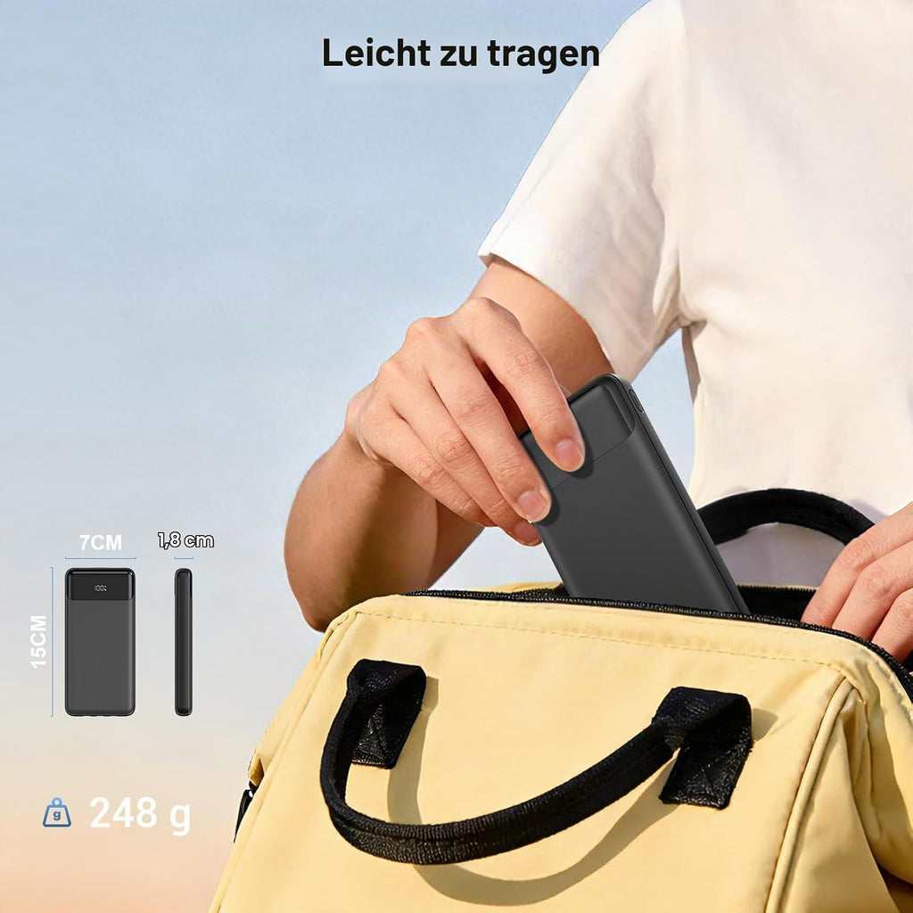 Power Bank 20000mAh, Powerbank 22,5W Schnellladung mit Integrierten 3 Kabel