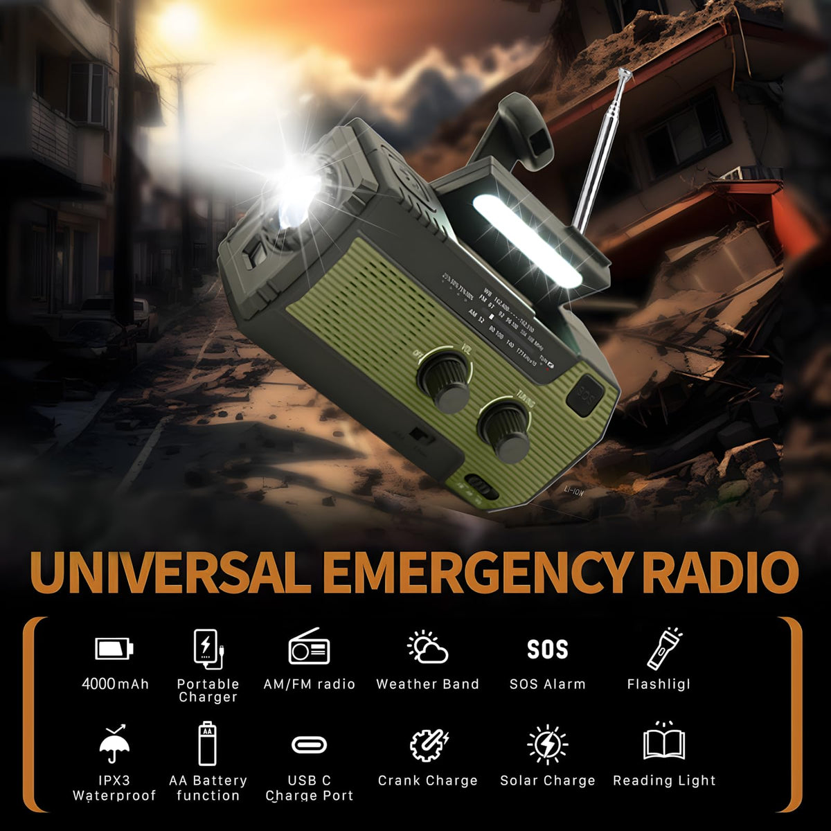 Notfall-Solarradio,Solarbaby Selbstbetriebenes Kurbelradio mit LED-Taschenlampe, SOS-Alarm,AM/FM Wetter Wind Up Radio mit 2000mAh Akku für Notladung von Smartphone,(Rod)