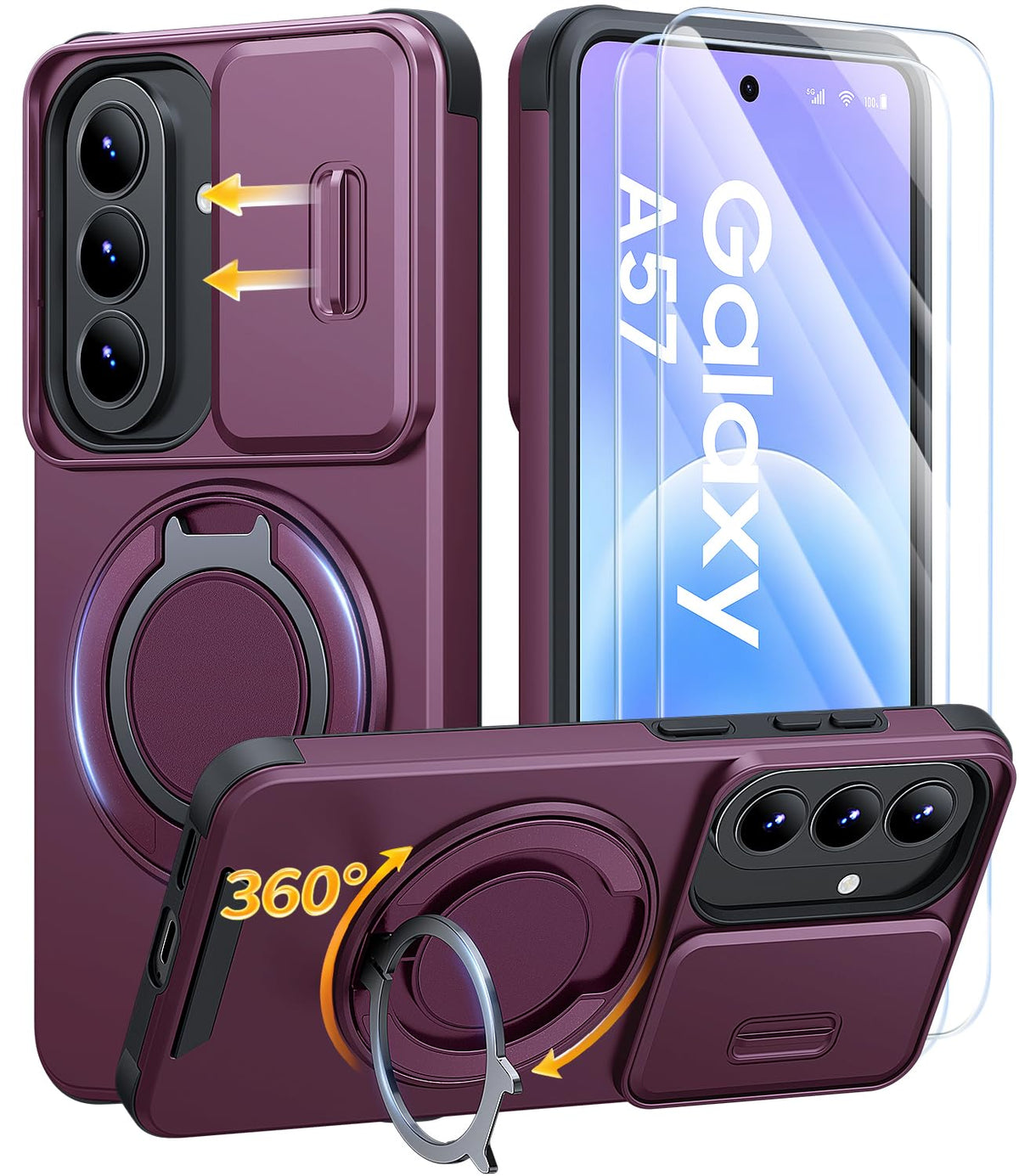 AOUIA für Samsung Galaxy S26 Ultra Hülle mit 2 Stück Panzerglas, Kameraschutz, 360° drehbarer Ringständer, Militärstandard Stoßschutz, robuste Handyhülle für Samsung S26 Ultra, Schwarz