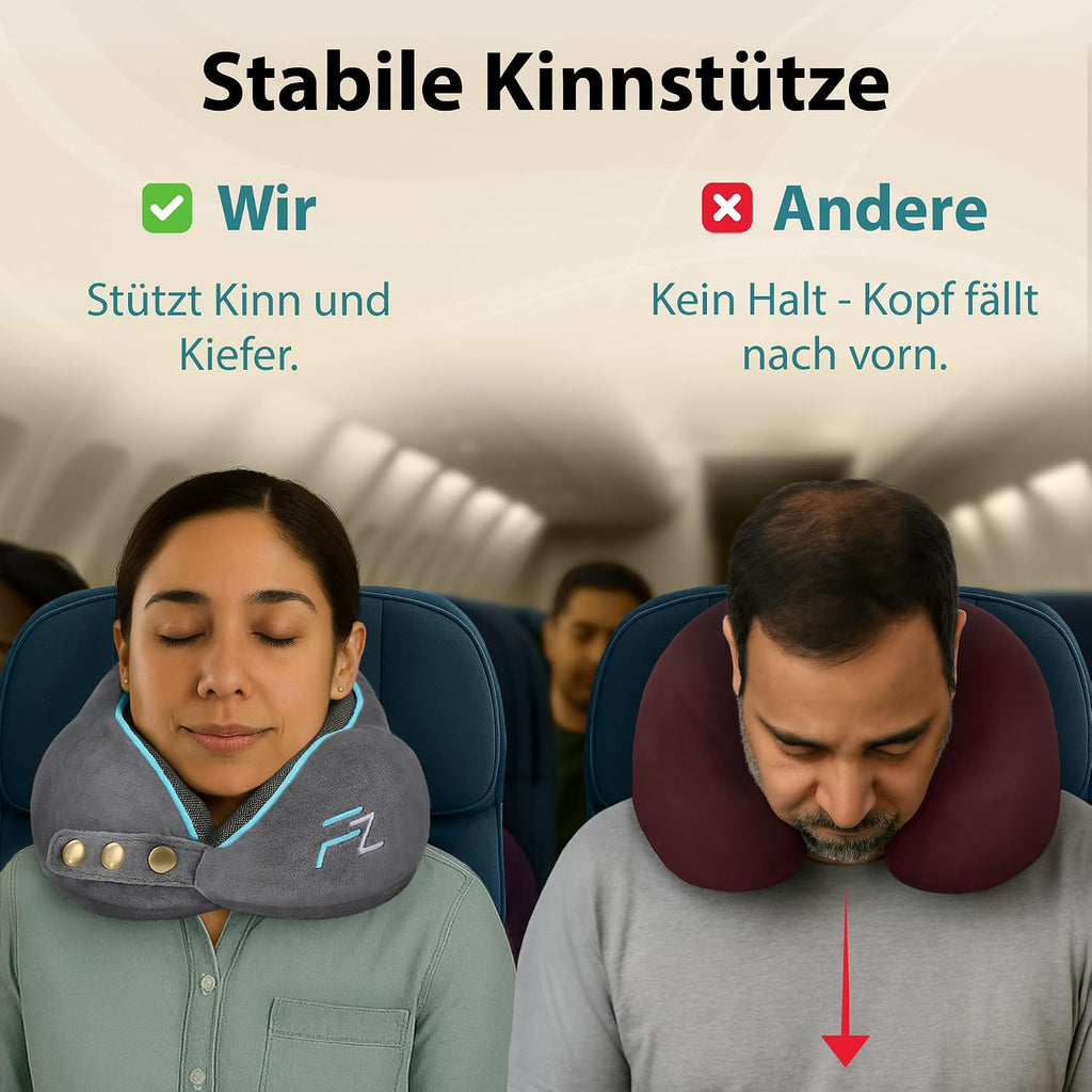 FLOWZOOM Comfy Nackenkissen Flugzeug & Auto mit Kapuze - Einstellbares Memory Foam Reisekissen mit Druckknöpfen für 360° Stütze, weicher Bezug - inkl. Transportbeutel - Grau
