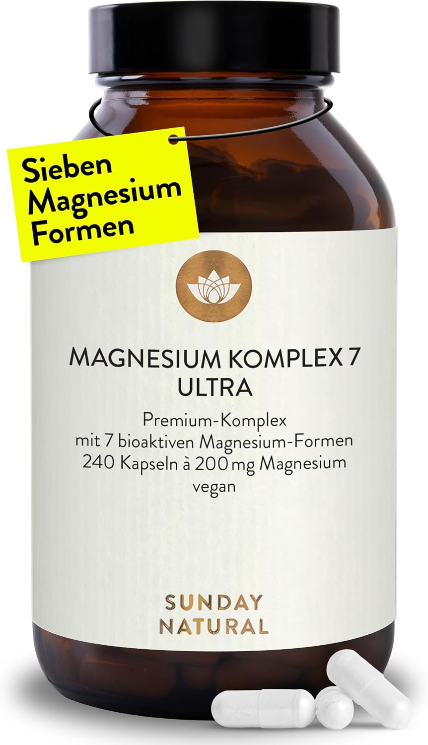 SUNDAY NATURAL® Magnesium Komplex – 240 Kapseln – 400 mg pro Tag – aus 7 Verbindungen: Magnesium-Bisglycinat, -Citrat, -Malat, -Laktat, -Ascorbat, -Oxid, -Lysinat – vegan, laborgeprüft
