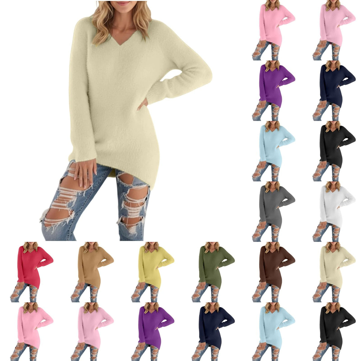 Générique Pull Femme Col V Chic Et Elegant Hiver Grande Taille Manche Longue Chaude Sexy Oversize Couleur Unie Tricot Pulls