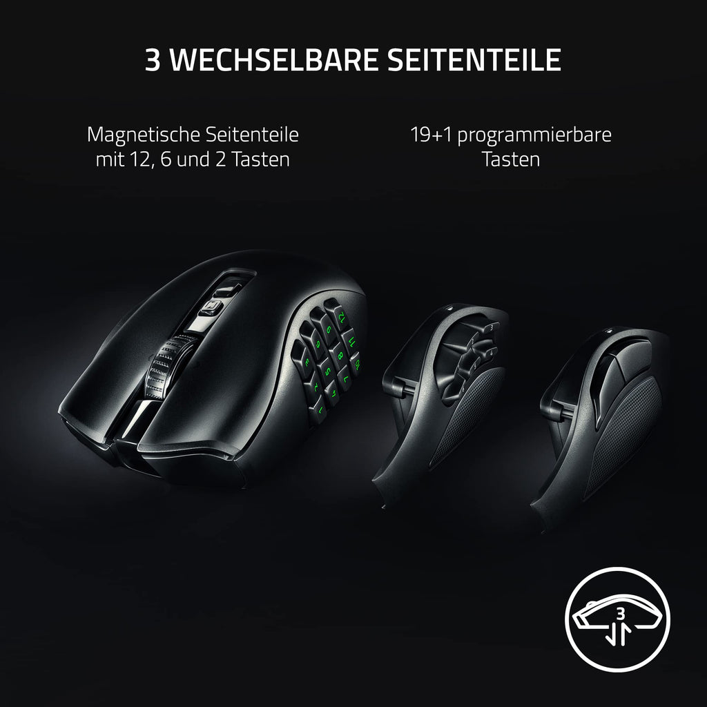 Razer Naga V2 HyperSpeed - Ergonomische Kabellose MMO Gaming Maus (19 Programmierbaren Tasten, Wireless 2,4 GHz, Bluetooth, Bis zu 250 Stunden, Focus Pro 30K Optischer Sensor) Schwarz