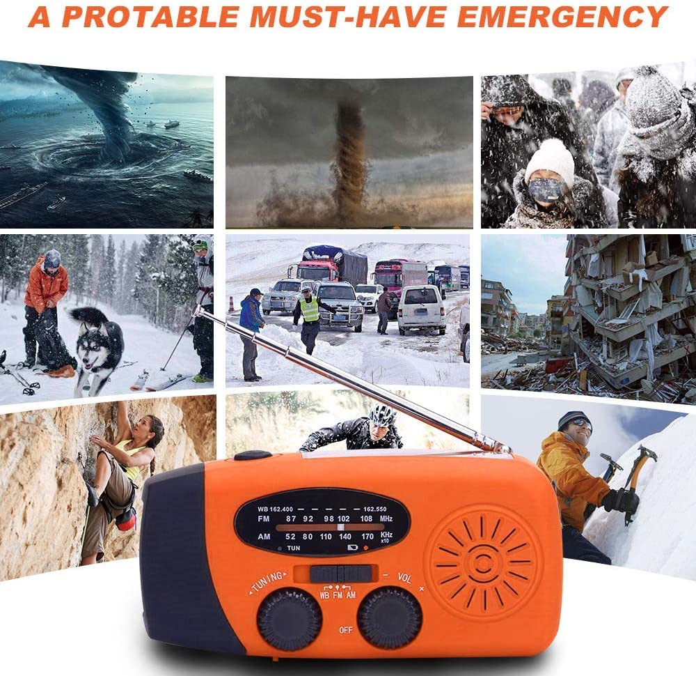 Notfall-Solarradio,Solarbaby Selbstbetriebenes Kurbelradio mit LED-Taschenlampe, SOS-Alarm,AM/FM Wetter Wind Up Radio mit 2000mAh Akku für Notladung von Smartphone,(Rod)