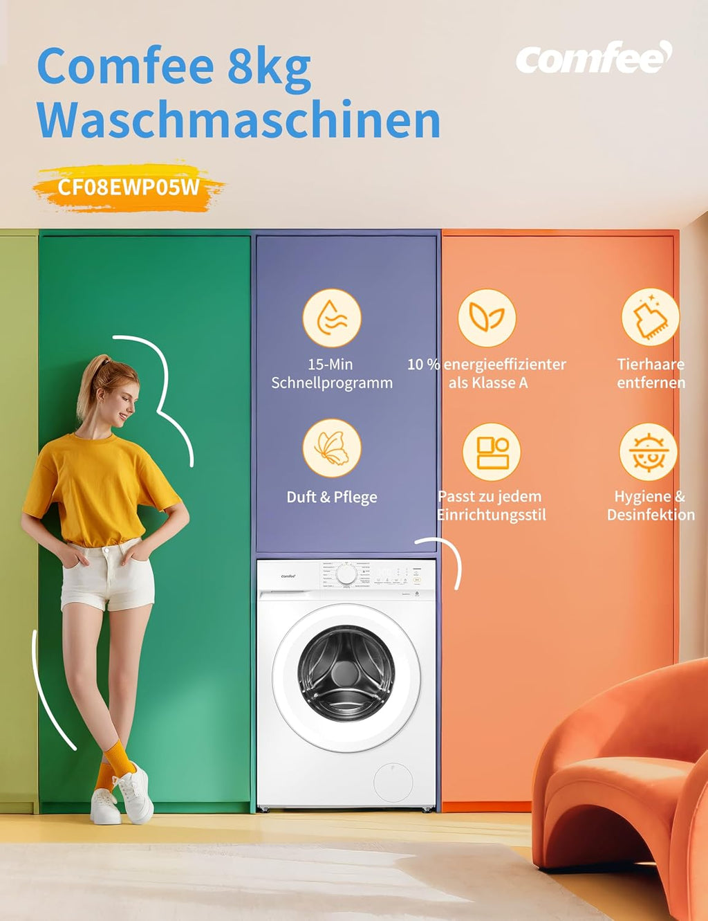 Comfee Frontlader Waschmaschine 8 kg Energieklasse A-10% weiß CF08EWP05W