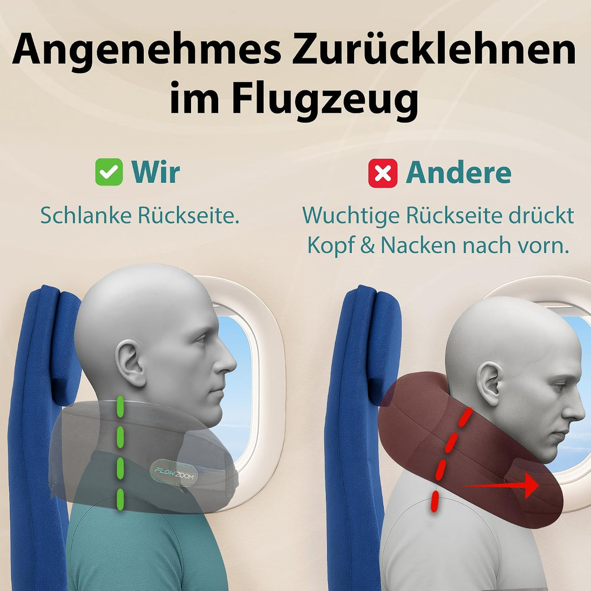 FLOWZOOM Comfy Nackenkissen Flugzeug & Auto mit Kapuze - Einstellbares Memory Foam Reisekissen mit Druckknöpfen für 360° Stütze, weicher Bezug - inkl. Transportbeutel - Grau