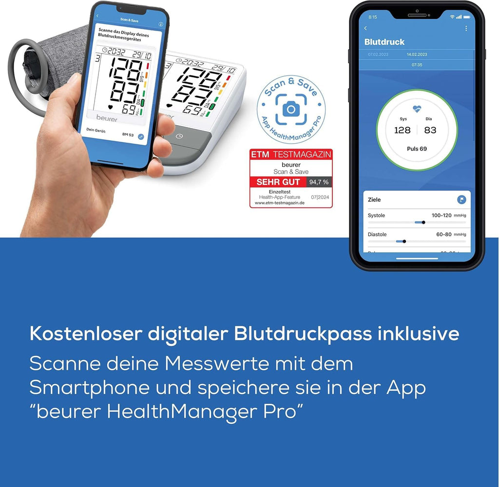 Beurer BM 27 Oberarm-Blutdruckmessgerät mit Manschettensitzkontrolle, klinisch validiert, Manschette für 22-42 cm, Risikoindikator, Arrhythmie-Erkennung, Datenübertragung zu Apple Health und co.