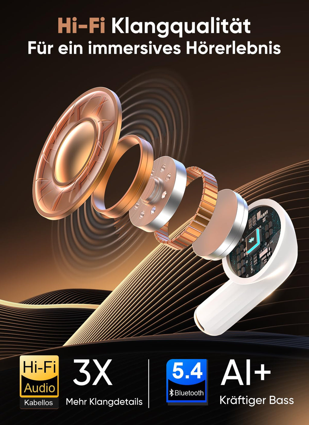 Bluetooth 5.4 Kabellose In-Ear Kopfhörer mit Smart Touchscreen, 48 Std. Wiedergabezeit, Aktive ANC Geräuschunterdrückung + ENC Anrufverarbeitung, 5 EQ-Modi, HiFi Stereo, IPX7 Wasserdicht Austerweiß