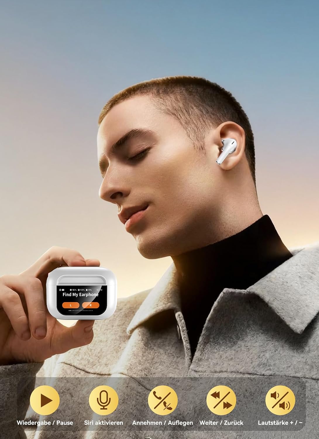 Bluetooth 5.4 Kabellose In-Ear Kopfhörer mit Smart Touchscreen, 48 Std. Wiedergabezeit, Aktive ANC Geräuschunterdrückung + ENC Anrufverarbeitung, 5 EQ-Modi, HiFi Stereo, IPX7 Wasserdicht Austerweiß