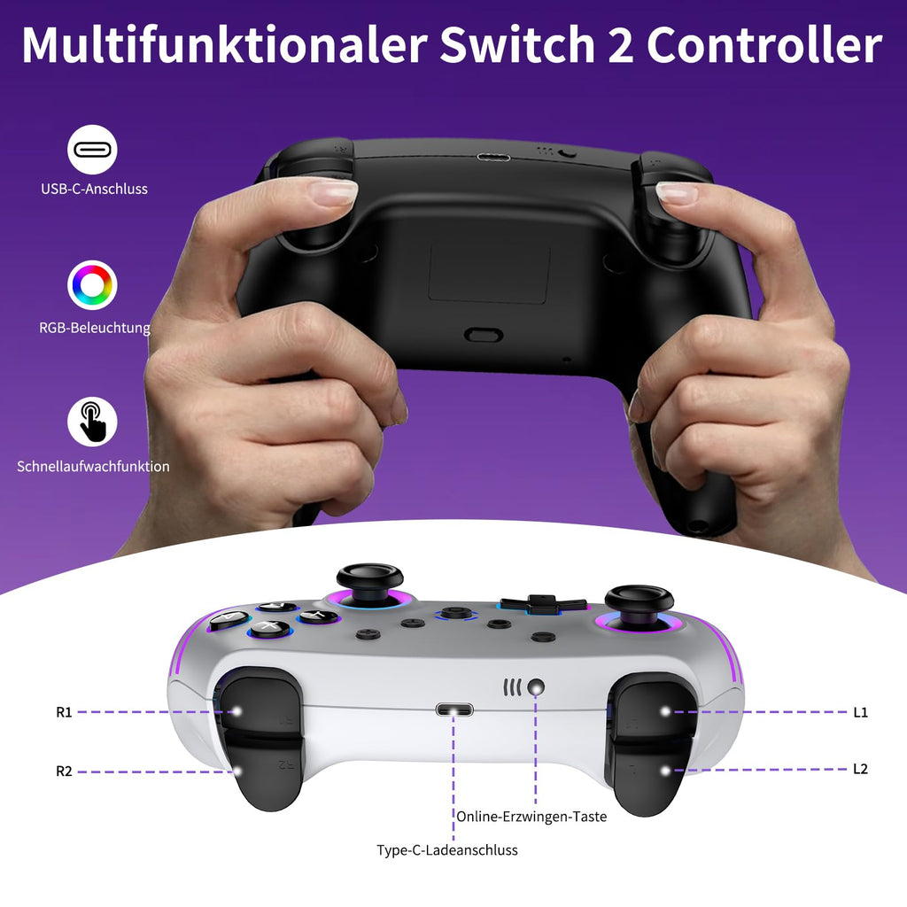 Reddening Switch 2 Controller für Switch/Switch 2/Switch Lite/Switch OLED,Switch Controller mit Doppel Vibration,Switch 2 Pro Controller mit 6 Achsen Gyro,Hall Joystick,Aufwachen,Turbo (Weiß Schwarz)