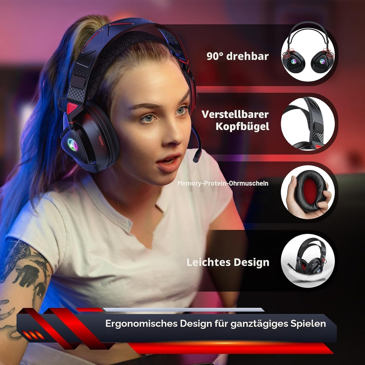 Gaming Headset Wireless für PS5 PS4 PC MAC Handy, 2.4Ghz(USB & Typ-C)+ BT