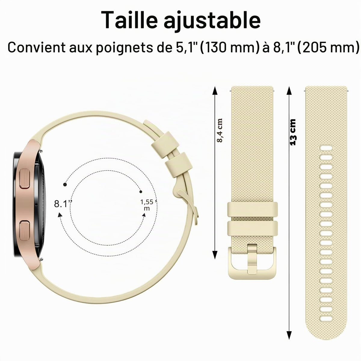 Wanme 20mm Bracelet de Montre en Silicone, Souple Bracelet de Replacement en Dégagement Rapide avec Boucle en Même Couleur Homme Femme 20mm, Starlight