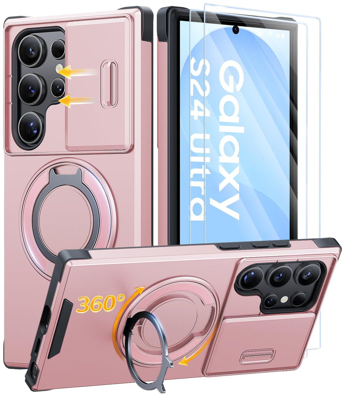 AOUIA für Samsung Galaxy S26 Ultra Hülle mit 2 Stück Panzerglas, Kameraschutz, 360° drehbarer Ringständer, Militärstandard Stoßschutz, robuste Handyhülle für Samsung S26 Ultra, Schwarz