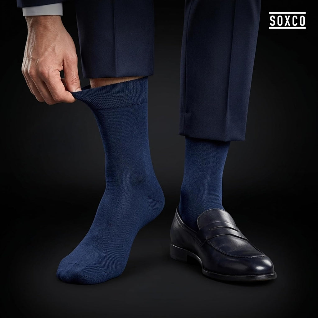 SOXCO Lot de 12 paires de chaussettes homme | Chaussettes habillées mi-mollet riches en coton | Tissu respirant idéales pour le travail et le quotidien | Noir, Blanc, Gris, Bleu Marine