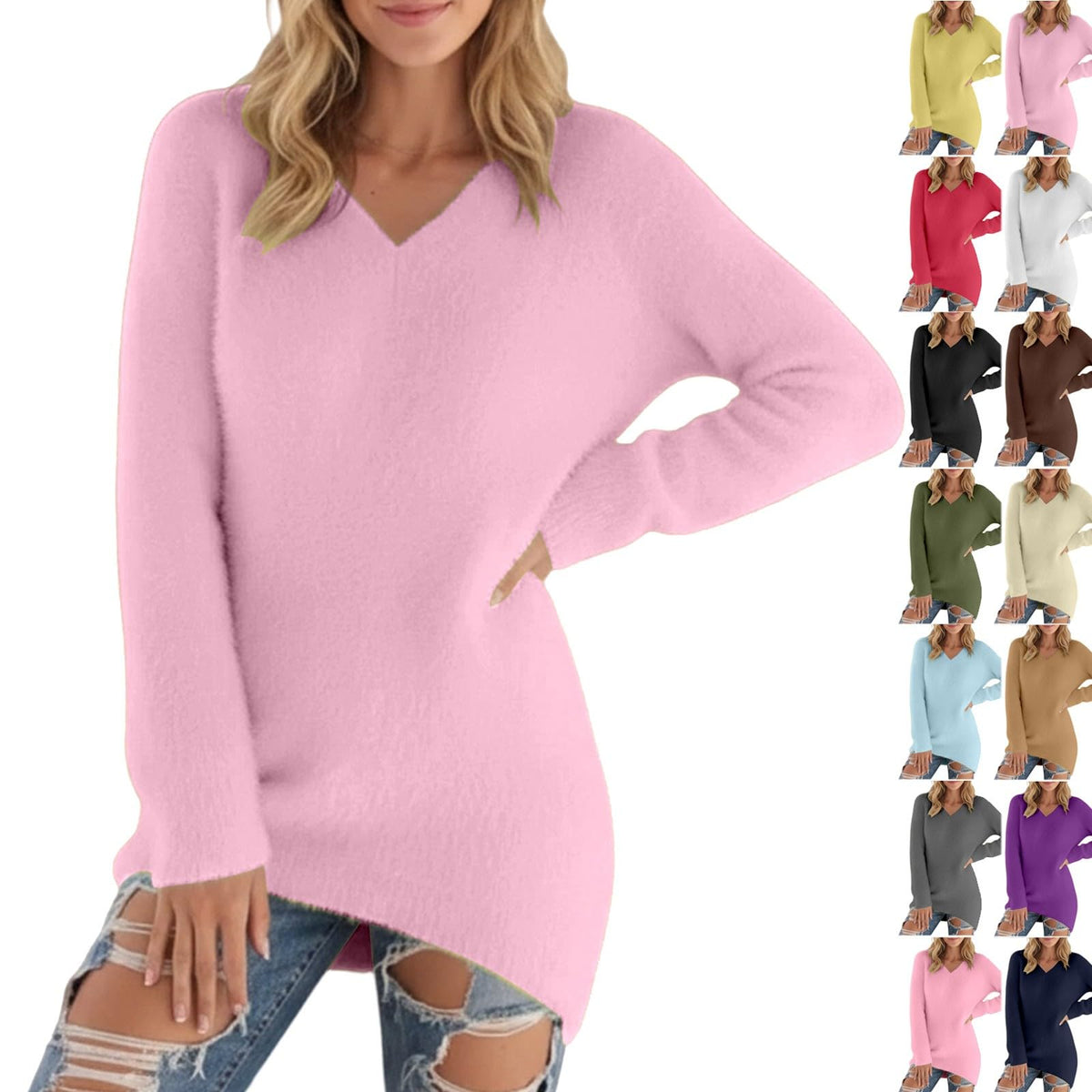 Générique Pull Femme Col V Chic Et Elegant Hiver Grande Taille Manche Longue Chaude Sexy Oversize Couleur Unie Tricot Pulls