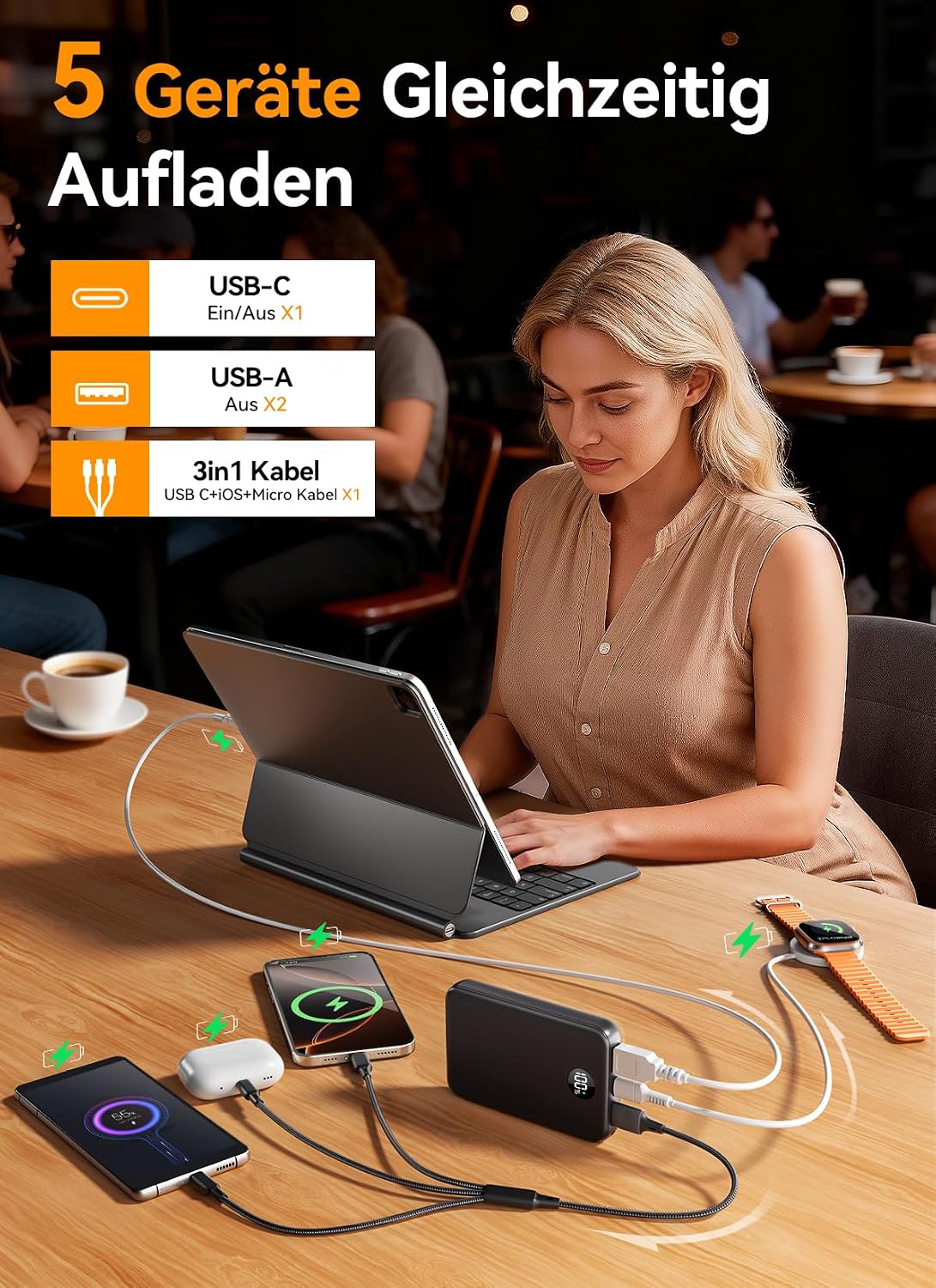 Power Bank 27000mAh, Ultra Kompakte Powerbank Schnellladen mit 3-in-1 Kabel