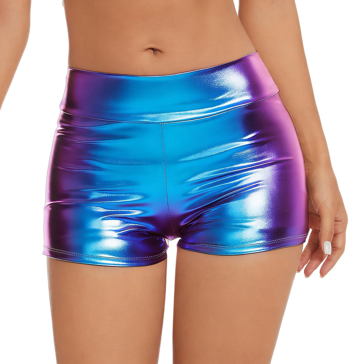 Metallic Rave-Shorts für Damen, glänzende High-Waist-Hose für Tanzfestivals