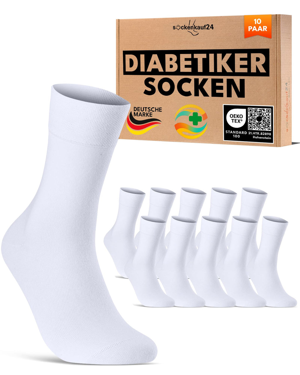 sockenkauf24 10 Paar Diabetikersocken für Herren & Damen ohne Gummibund & ohne Naht aus Baumwolle Diabetiker Socken mit Komfortbund ohne Gummi