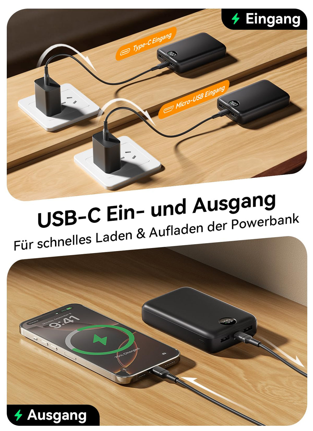 Power Bank 27000mAh, Ultra Kompakte Powerbank Schnellladen mit 3-in-1 Kabel