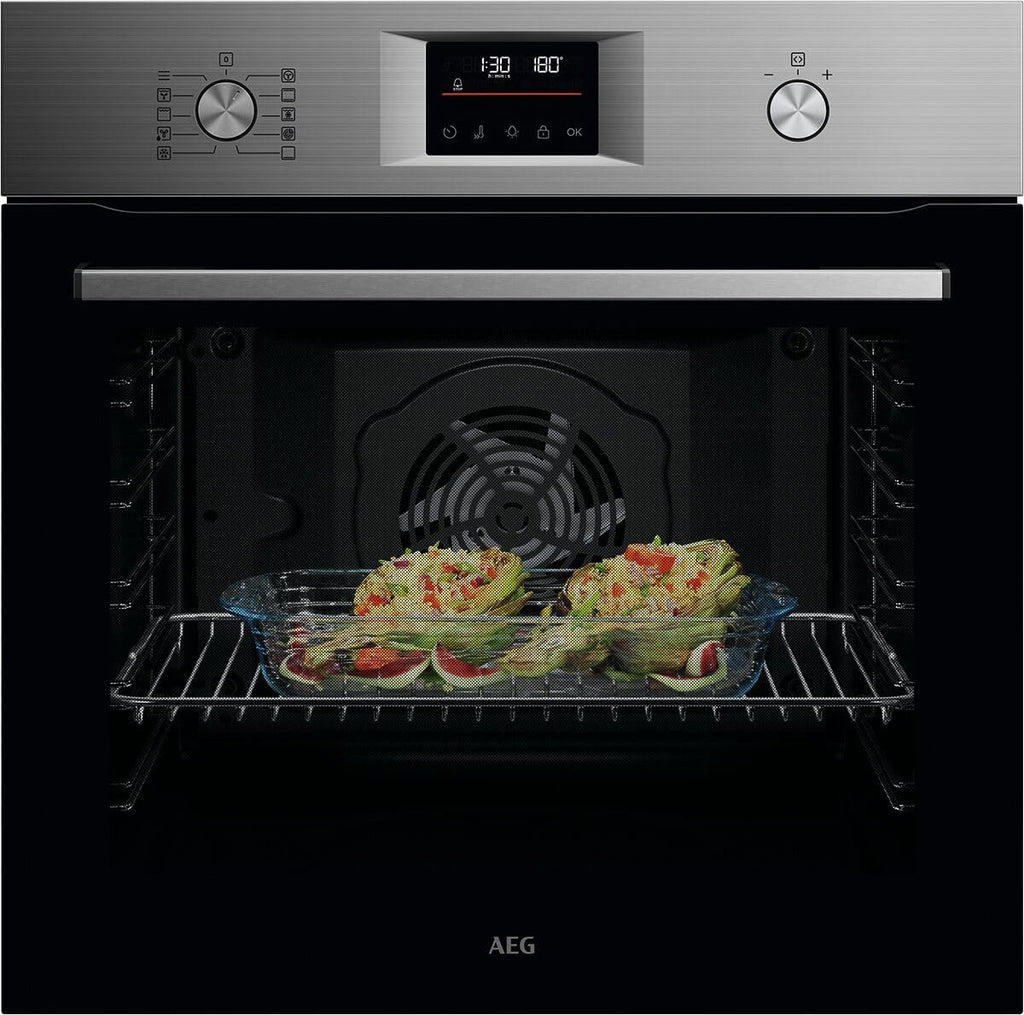 AEG Einbaubackofen, Serie 5 Ringheißluft: Gleichmäßige Garergebnisse auf 3 Ebenen, Pyrolyse Selbstreinigung, 45 Automatikprogramme, LED-Touchdisplay, Schnellaufheizung, Edelstahl, OU5PB40WSM